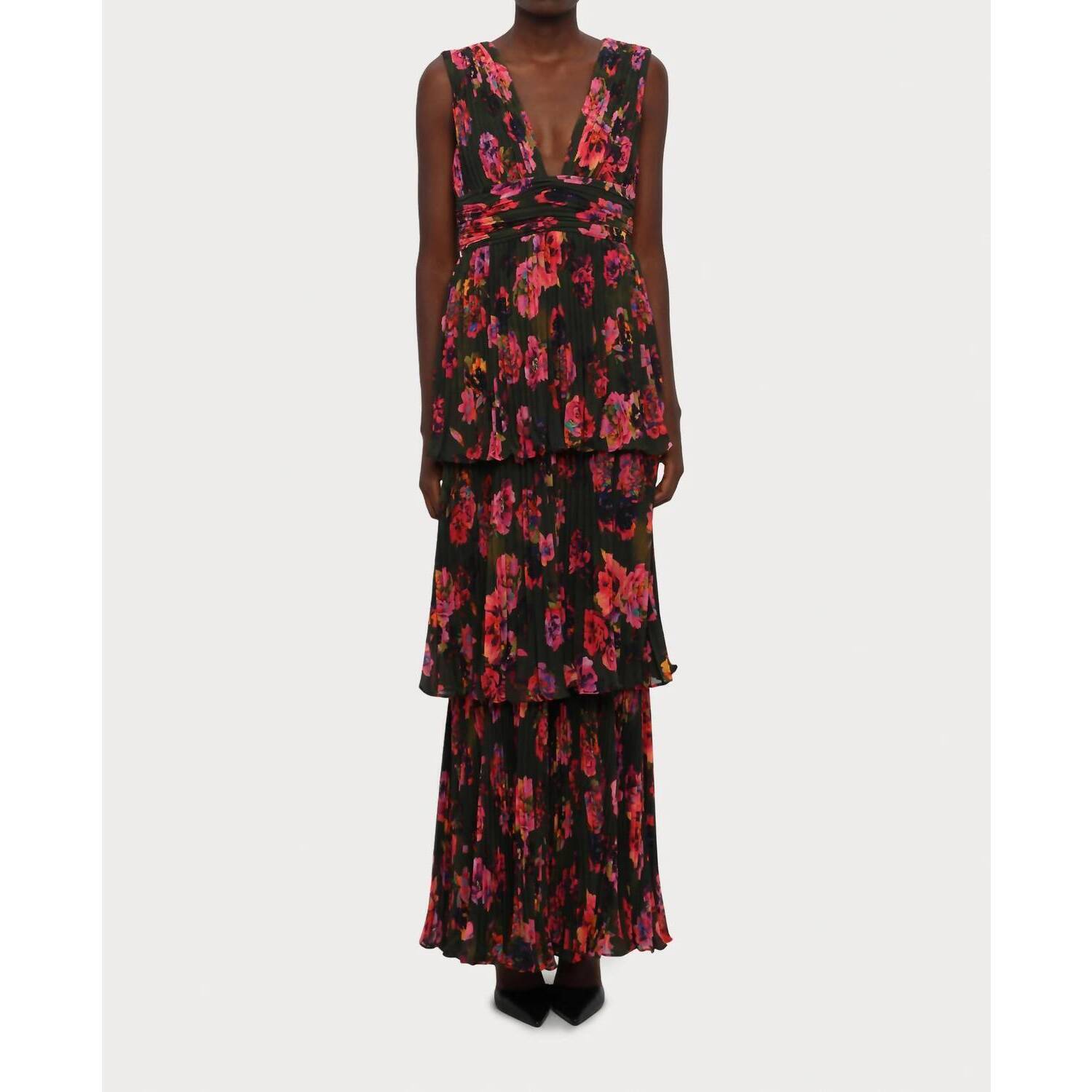 New Amur Fluer Deep V Pleated Gown In Earthy Garden